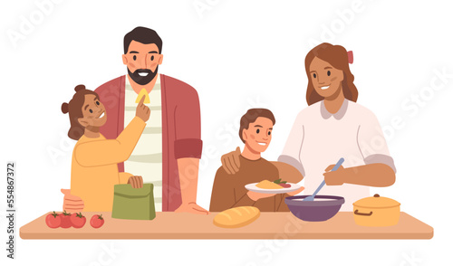 Happy family cooking dinner together, parents and kids preparing lunch isolated on white. Mother, father, daughter and son spending time at home. Flat cartoon vector illustration