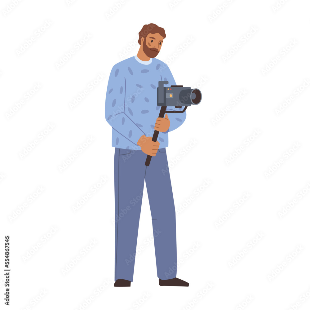 Videographer or cameraman with camera in hands. Man shooting video, film maker. TV-operator or videographer with professional studio equipment, flat cartoon vector illustration Videographer or cameraman with camera in hands. Man shooting video, film maker. TV-operator or videographer with professional studio equipment, flat cartoon vector illustration