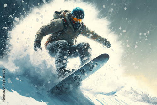 A lone snowboarder surrounded by snow in fast action. Generative AI art