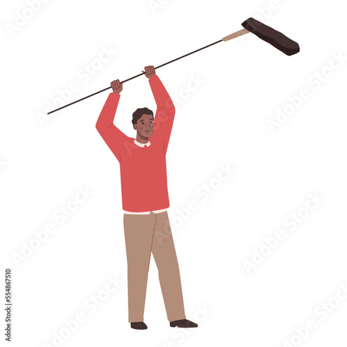 Journalist interviewer with microphone in hands. Talk show host interviewing, news presenter male character. Helping person to make reportage. Vector illustration in flat cartoon style