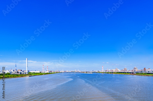 荒川河口橋 から見た 荒川 の 河口 と 清砂大橋 【 東京都 の 河川 の 風景 】