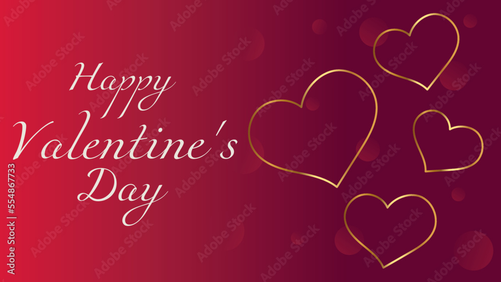 Happy valentines day. Greeting card with hearts in gold color. Dark red background. Great for social media, websites, postcards and stationery. Valentine's Day. Romantic illustration.