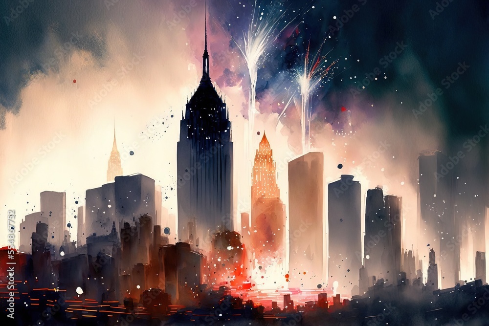 Fototapeta premium An american and fireworks. New york city on the background, generative ai