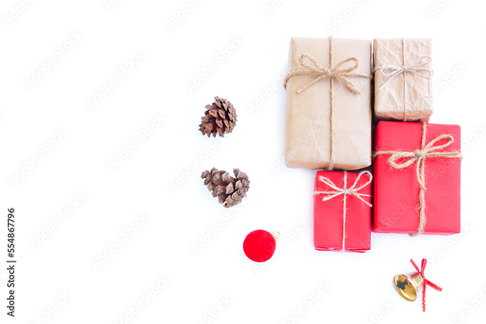 Christmas and New year decorations, Gift boxs, Pine cones, Golden bell and Red decoration christmas ball on white background