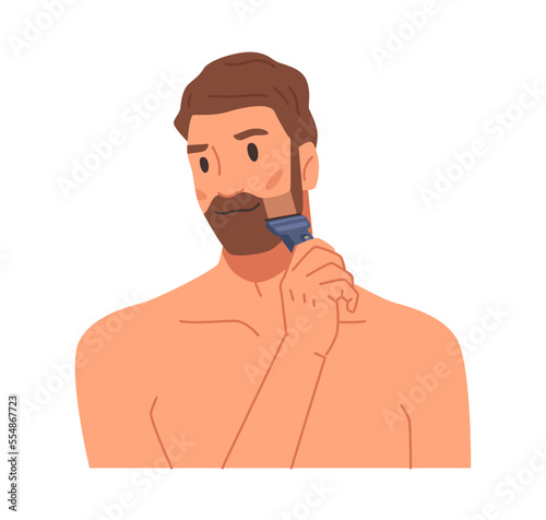 Shaving beard with razor, trimming and cutting long hair, giving shape to mustaches. Isolated man personage and beauty routine, self care. Flat cartoon character vector