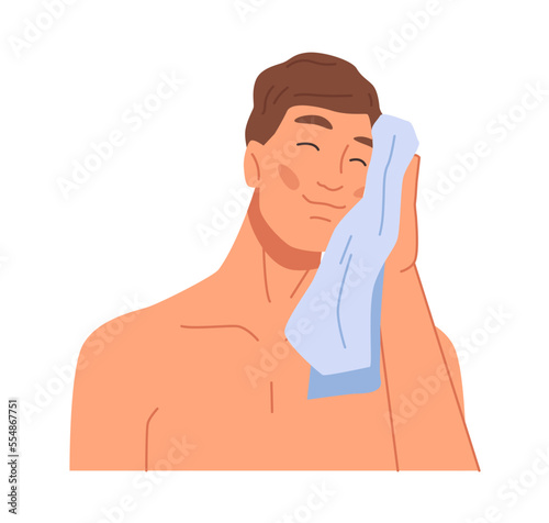 Male personage drying facial skin with soft towel, care after shaving and washing. Man after bath and beauty procedures. Flat cartoon character vector