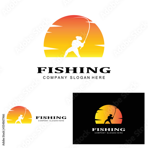 fishing logo icon vector, catch fish on the boat, outdoor sunset silhouette design
