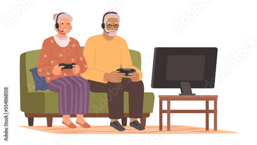 Senior people using modern technologies for fun. Grandmother and grandfather playing online video games with joysticks at home. Flat cartoon character vector
