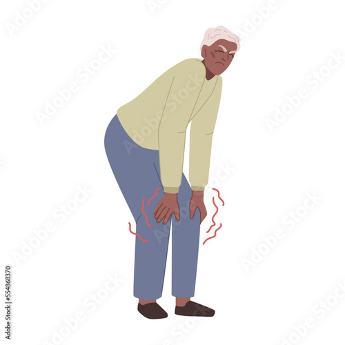 Grandfather touching knees, pain and aches in body parts. Isolated elderly personage with health problems. Flat cartoon character, vector illustration