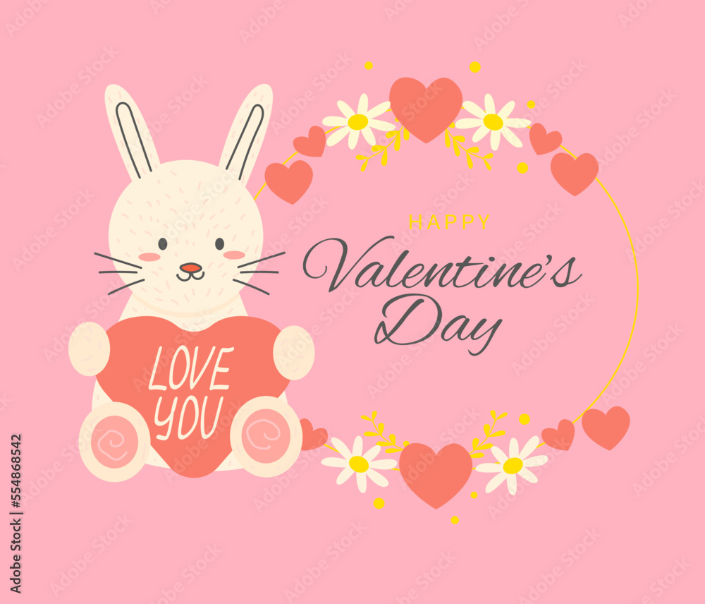 Valentine's Day Greeting Card Rabbit holds heart and text in frame of flowers Valentine's Day Greeting Card Rabbit holds heart and text in frame of flowers