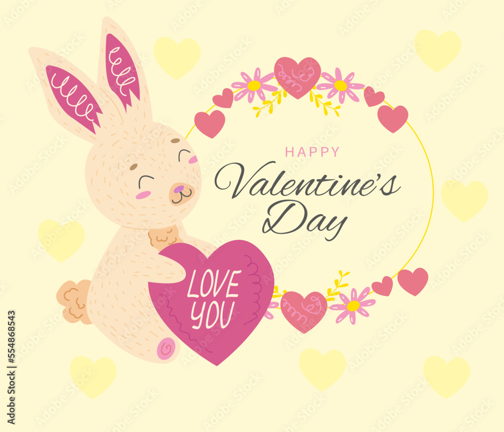 Valentine's Day Greeting Card Rabbit holds  heart and text in  frame of flowers