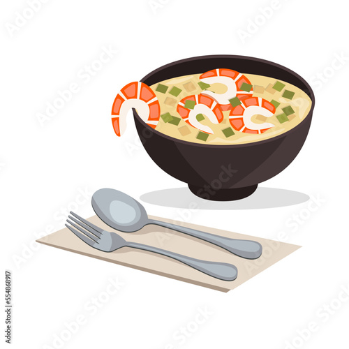 Brazilian national food. Tacaca soup. Jambu and tukupi, boiled tapioca starch, and shrimp. Vector graphic.