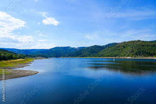 View of the Innerstetalsperre with the surrounding nature. Landscape at the Innerste reservoir. Lake in the Harz. 