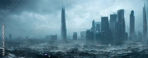 Panorama Big city is flooded by the sea, generative ai illustration