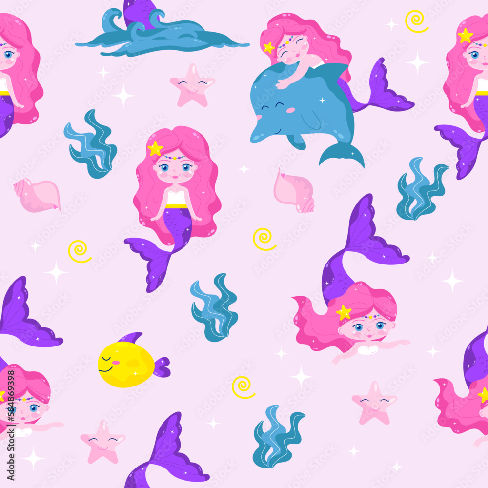 Seamless mermaid pattern in cartoon style