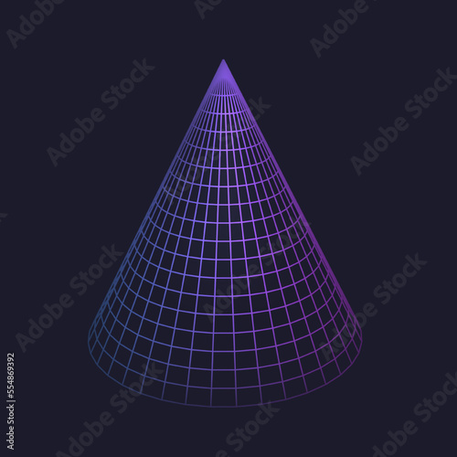 Cone low poly line geometric shape of neon color, grid of geometry figure hologram. Vector isolated polygonal mathematics cone grid, visual perspective