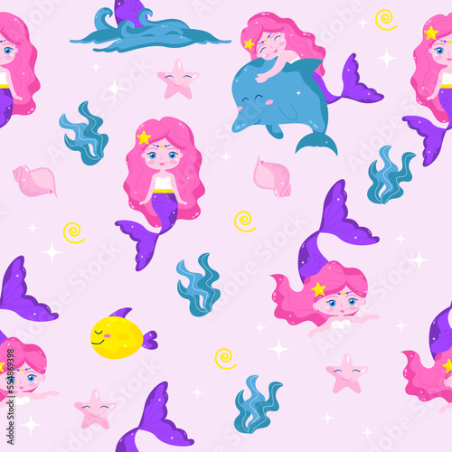 Seamless mermaid pattern in cartoon style