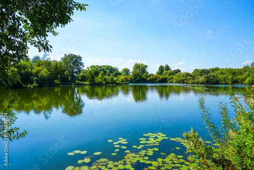 Fototapeta Naklejka Na Ścianę i Meble -  Landscape at the Koldinger Seen in the southern Leineaue. Nature reserve near Laatzen. Nature with lakes and green vegetation.
