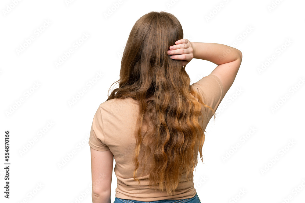 Young pretty woman over isolated background in back position and thinking Young pretty woman over isolated background in back position and thinking