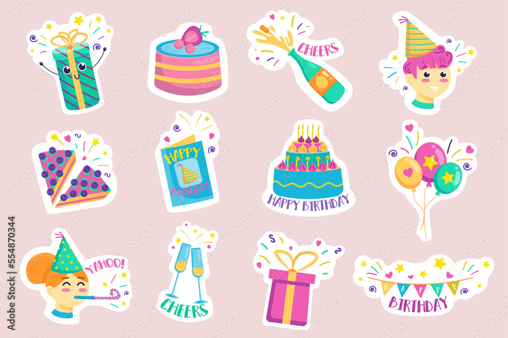 Happy Birthday stickers set. Bundle of cake with candles, drink, boy and girl in festive hat, balloon, gift, garland and other badge. Illustration with isolated printed material in flat design