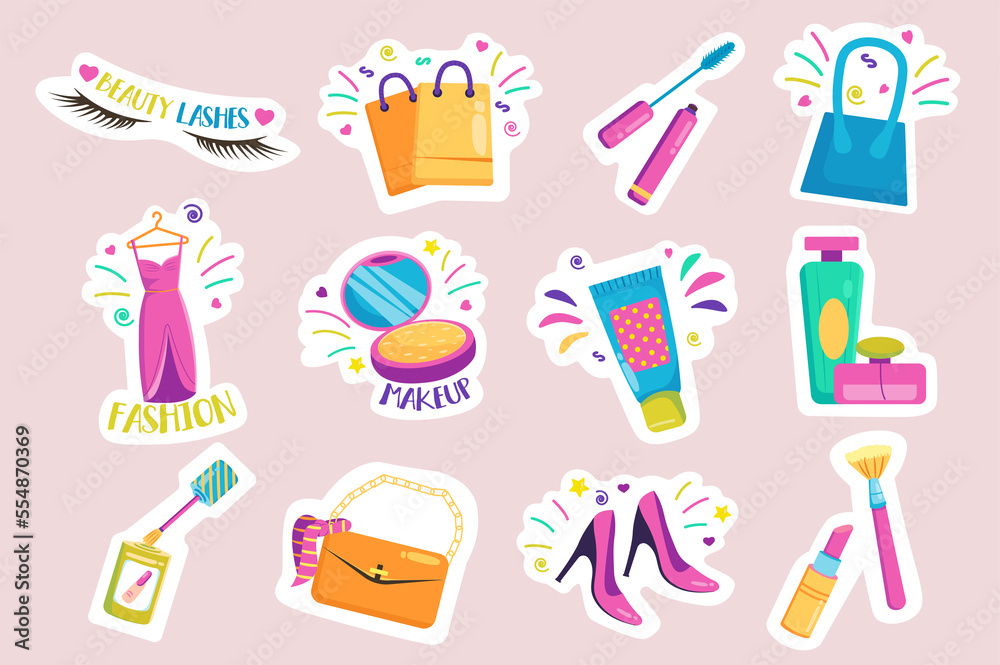 Woman accessories stickers set. Bundle of beauty lashes, shopping bags, cosmetics, fashion clothes and shoes, makeup and other badge. Illustration with isolated printed material in flat design