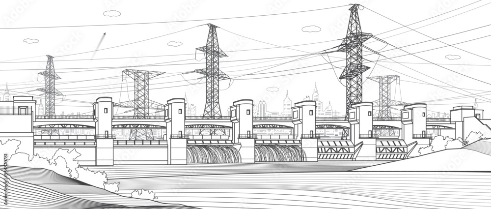 Hydro power plant. River Dam. Renewable energy sources. High voltage transmission systems. Electric pole. Power lines. City infrastructure industrial outline illustration. Vector design art