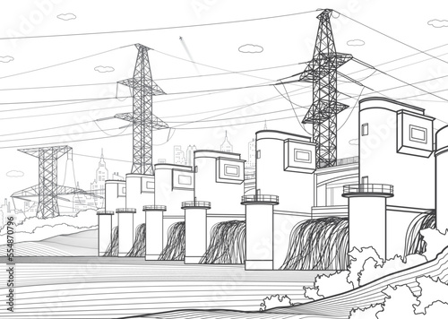 Hydro power plant. River Dam. Renewable energy sources. High voltage transmission systems. Electric pole. Power lines. City infrastructure industrial outline illustration. Vector design art