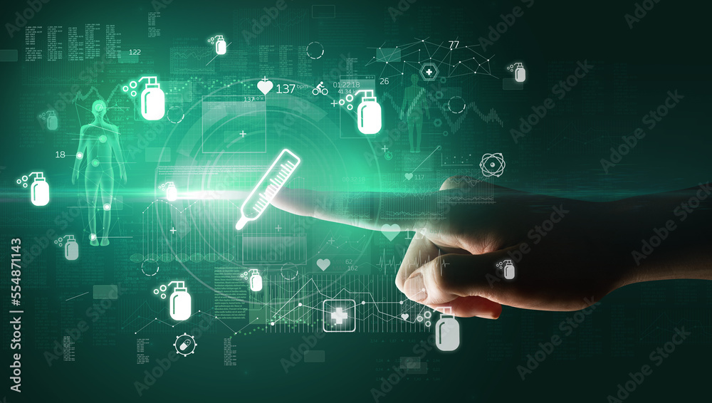 Doctor hand pressing futuristic health device with medical symbol on screen Doctor hand pressing futuristic health device with medical symbol on screen