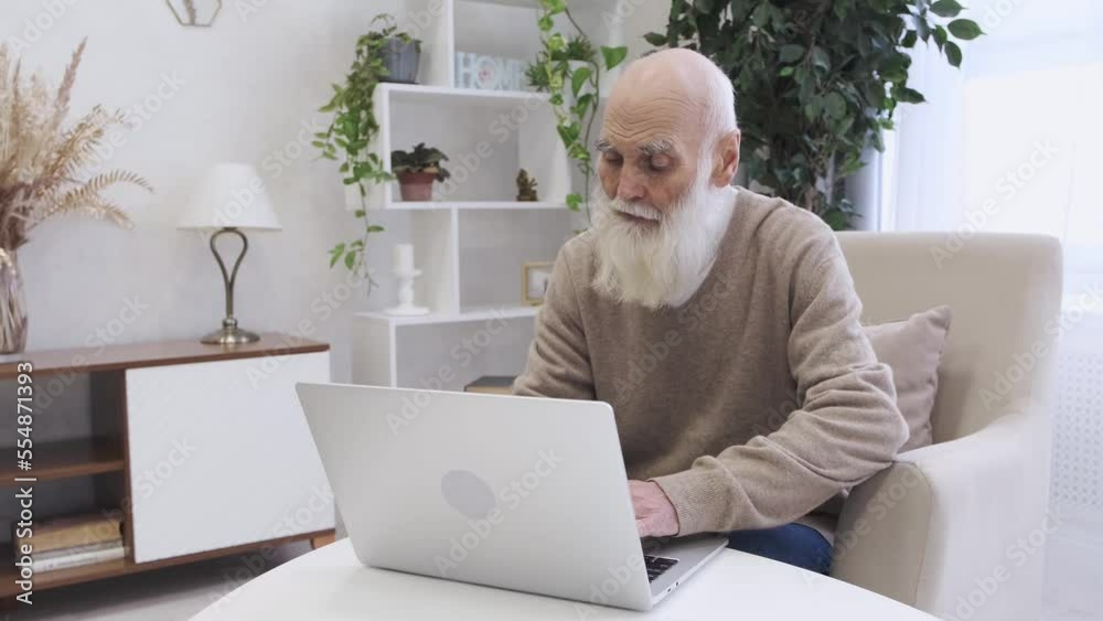 Curious elderly man with long grey beard uses laptop at white desk getting new skills. Focused pensioner in brown sweater enjoys modern technology sitting in cozy armchair in living room at home Curious elderly man with long grey beard uses laptop at white desk getting new skills. Focused pensioner in brown sweater enjoys modern technology sitting in cozy armchair in living room at home