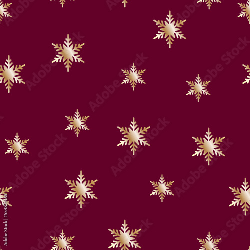 Golden snowflakes on a purple background with space for a copy. Decorative background, vector illustration with repeating pattern, paper, print, packaging, Christmas pattern