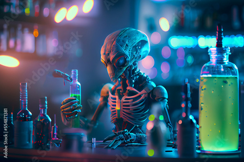 Humanoid alien working in research laboratory, generative ai illustration