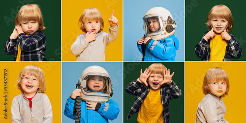 Collage. Portraits of cute little boy, child showing different emotions over multicolored studio background
