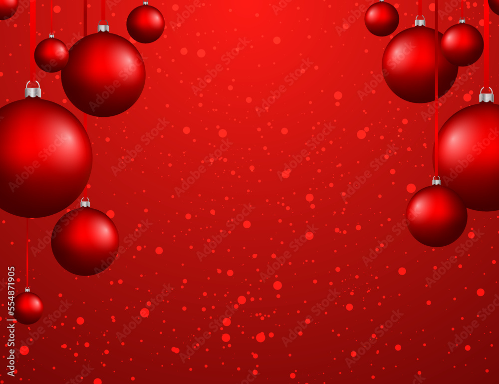 A Christmas card with red balls on a bright background, space for a copy. Red background strewn with snowflakes, bright round decorative balls. Beautiful Christmas vector illustration A Christmas card with red balls on a bright background, space for a copy. Red background strewn with snowflakes, bright round decorative balls. Beautiful Christmas vector illustration