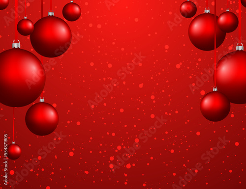 A Christmas card with red balls on a bright background, space for a copy. Red background strewn with snowflakes, bright round decorative balls. Beautiful Christmas vector illustration
