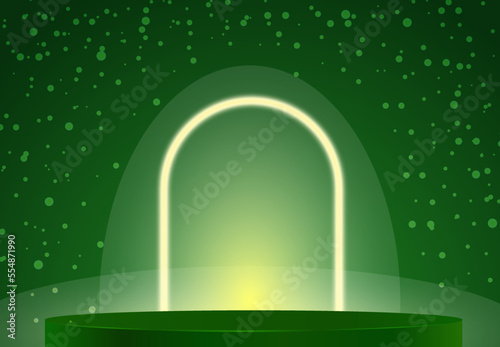 A green podium with a bright glowing arch, neon light and snowflakes. Realistic three-dimensional vector illustration. A green studio podium strewn with snowflakes with space for a copy.