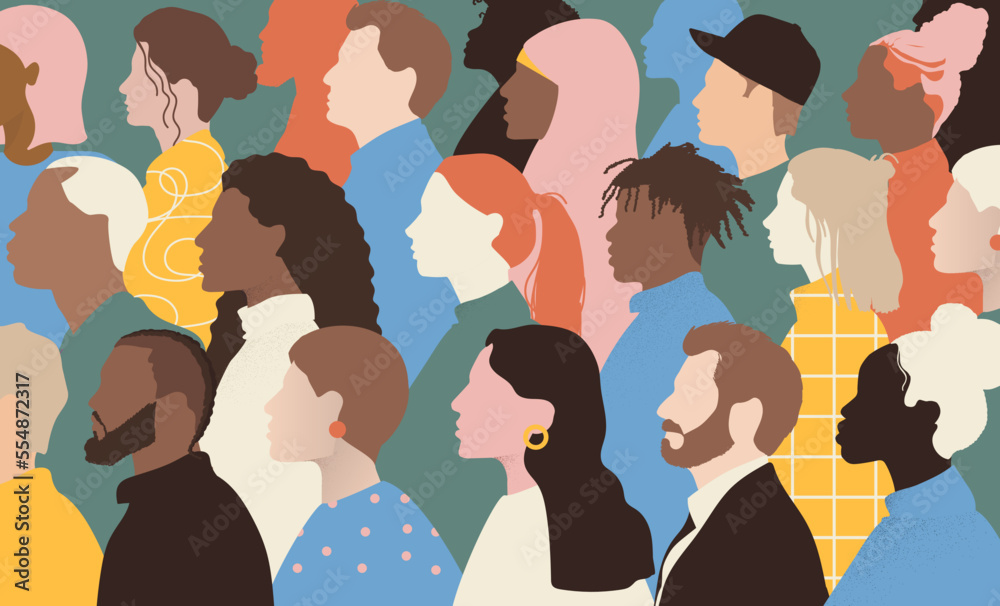 group of different people man and women profile silhouette. abstract illustration of diverse society, cultural identity, differing religious beliefs and sexual orientations, nations unity, inclusion.