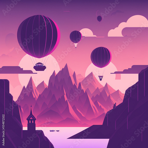 Beautiful Atmospheric Flat Art Landscape with Mountains and Balloons