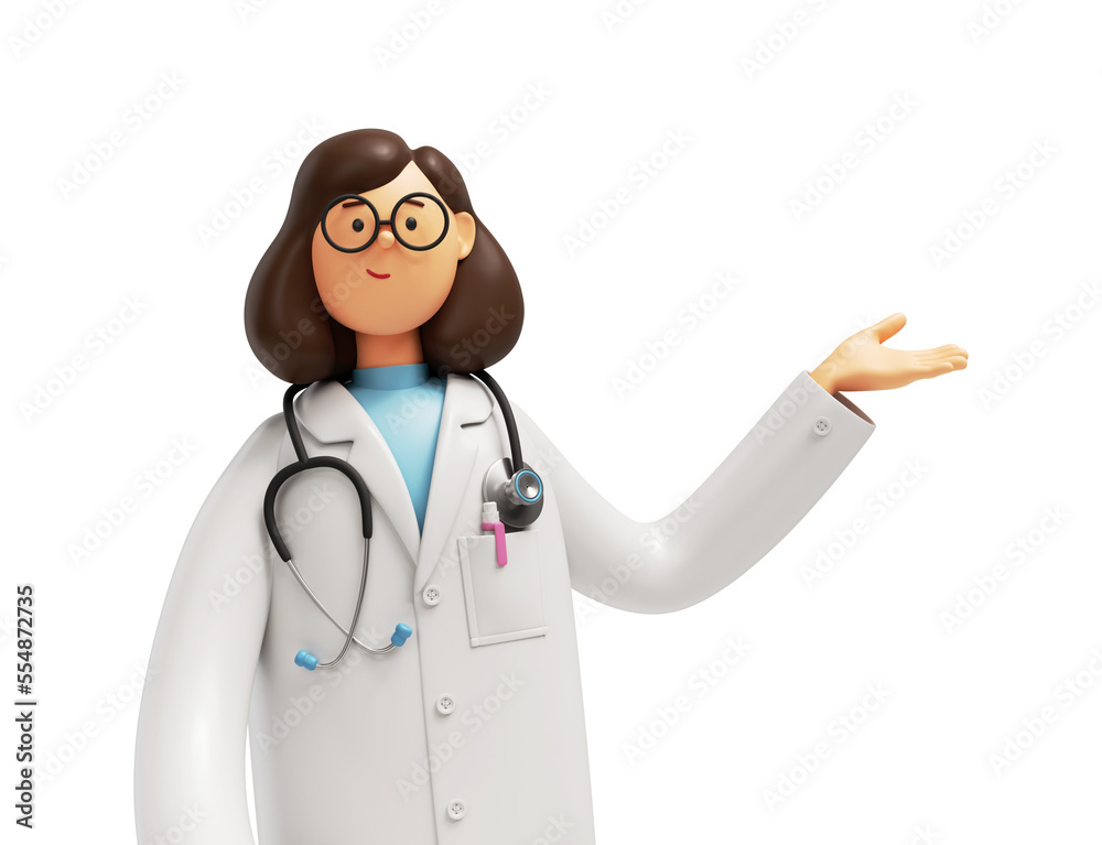 3d render. Cartoon character caucasian woman doctor wears glasses and uniform. Health care consultation, medical science 3d render. Cartoon character caucasian woman doctor wears glasses and uniform. Health care consultation, medical science