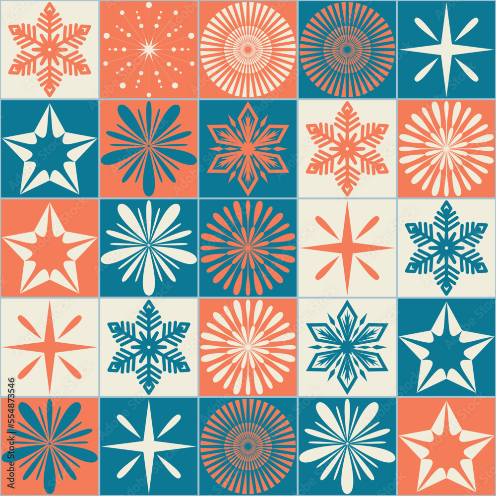 Christmas seamless pattern with square and snowflake, contrast blue orange color, vector illustration