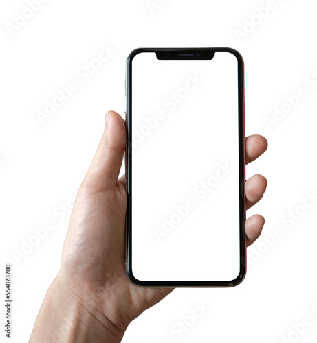 Hand holding black iPhone isolated on white background. Mobile phone for app, web design, logo, wireframes... Smarphone on PNG file transparent
