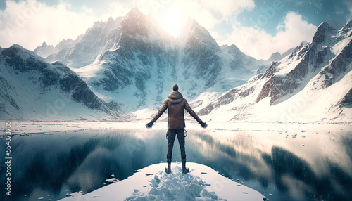 Man standing on shore of lake at mountain landscape. Postproducted generative AI digital illustration. © LeArchitecto
