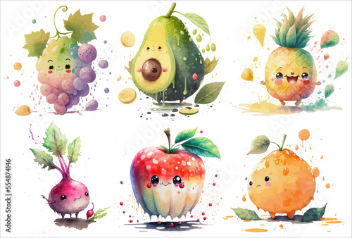 Fruits and vegetables: orange, avocado, beetroot, pineapple, grapes and apple in watercolor style. Isolated vector illustration