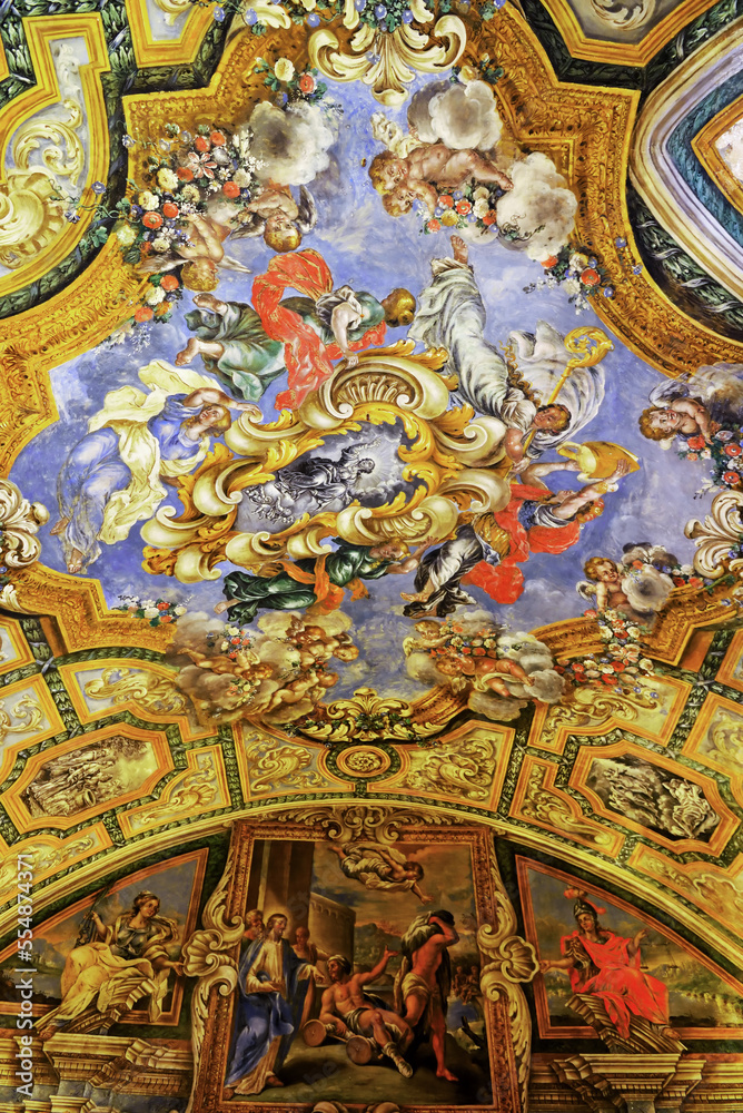 The decorated ceiling of the Certosa of San Lorenzo entrance Padula Italy