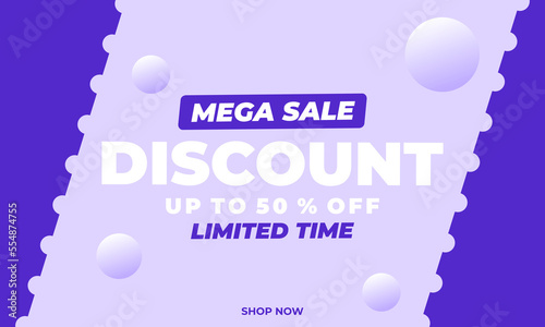 Banner announcing mega discount with half price reduction. Special offer with 50 percent off advertisement.