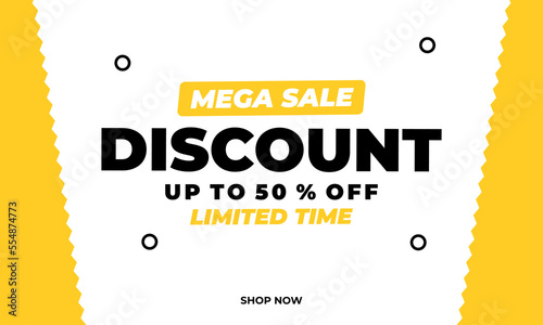 Banner announcing mega discount with half price reduction. Special offer with 50 percent off advertisement.