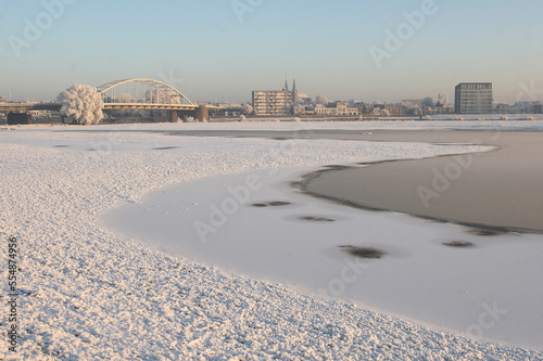 A view on the city of Deventer, the Netherlands, on a cold day with snow in winter 