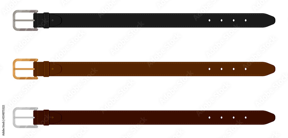 Set of men leather belts made of expensive dark leather. Men belts with metal plaques stitched and strong thread. Clothing accessories colored Vector isolated on white background Set of men leather belts made of expensive dark leather. Men belts with metal plaques stitched and strong thread. Clothing accessories colored Vector isolated on white background