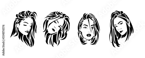 set collection of black and white pop art portraits of beautiful women's faces with different hairstyles, expressions. abstract hair. monochrome. white background. vector illustration.