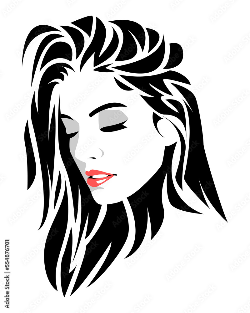 black and white portrait of a beautiful young woman with long hair, closing her eyes. side view. abstract hair. isolated white background. flat vector illustration. black and white portrait of a beautiful young woman with long hair, closing her eyes. side view. abstract hair. isolated white background. flat vector illustration.