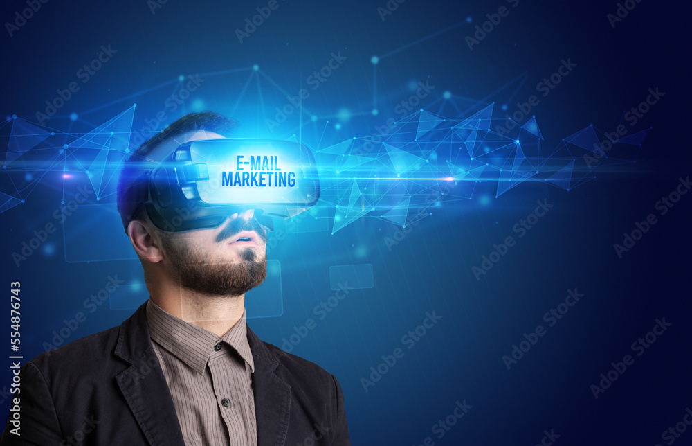Businessman looking through Virtual Reality glasses, virtual security concept Businessman looking through Virtual Reality glasses, virtual security concept
